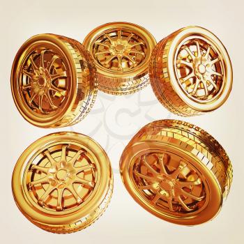 Golden wheels Set isolated on white. Top view. 3d illustration. Vintage style