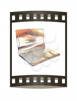 Chrome, metallic laptop isolated on white background. 3d illustration. The film strip.