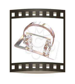 Smartphone with headphones. Chrome icon. 3d illustration. The film strip.