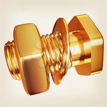 Gold Bolt with nut. 3d illustration. Vintage style