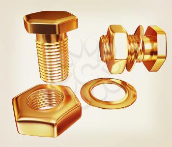 Gold Bolt with nut. 3d illustration. Vintage style