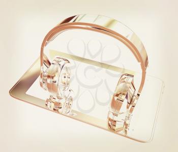 Smartphone with headphones. Chrome icon. 3d illustration. Vintage style