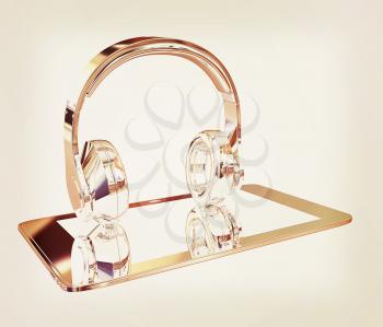 Smartphone with headphones. Chrome icon. 3d illustration. Vintage style