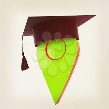 Geo pin with graduation hat on white. School sign, geolocation and navigation. 3d illustration. Vintage style