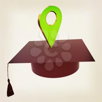 Geo pin with graduation hat on white. School sign, geolocation and navigation. 3d illustration. Vintage style