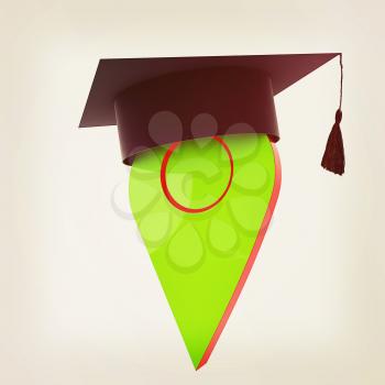 Geo pin with graduation hat on white. School sign, geolocation and navigation. 3d illustration. Vintage style