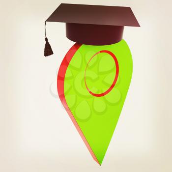 Geo pin with graduation hat on white. School sign, geolocation and navigation. 3d illustration. Vintage style