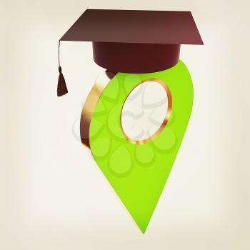 Geo pin with graduation hat on white. School sign, geolocation and navigation. 3d illustration. Vintage style