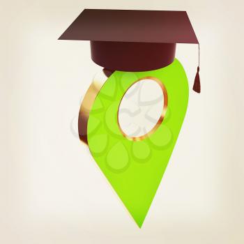 Geo pin with graduation hat on white. School sign, geolocation and navigation. 3d illustration. Vintage style