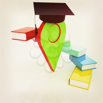 Pointer of education in graduation hat with books around. 3d illustration. Vintage style