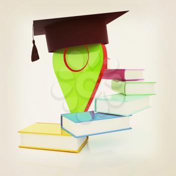 Pointer of education in graduation hat with books around. 3d illustration. Vintage style