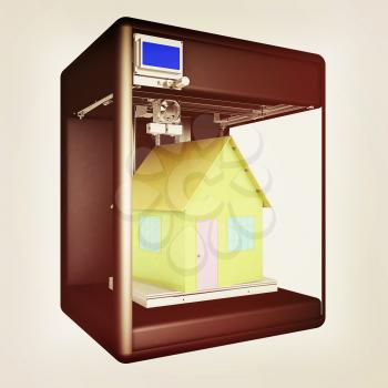 Industrial 3D printer prints a house concept. 3d illustration. Vintage style