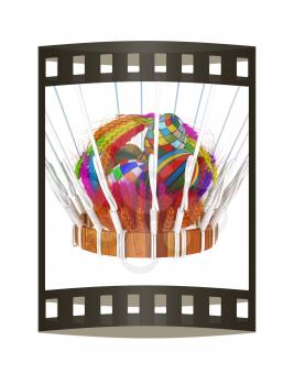 Hot Air Balloon with a basket of multicolored wheat and Easter eggs inside. 3d render
