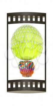 Hot Air Balloon with a basket of multicolored wheat and Easter eggs inside. 3d render