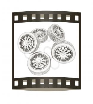 Car wheels. Top view. 3d illustration. The film strip.