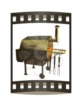 Gold BBQ Grill. 3d illustration. The film strip.