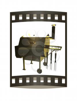 Gold BBQ Grill. 3d illustration. The film strip.