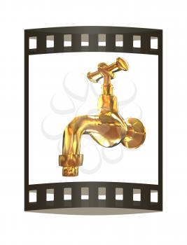 Gold water tap. 3d illustration. The film strip.