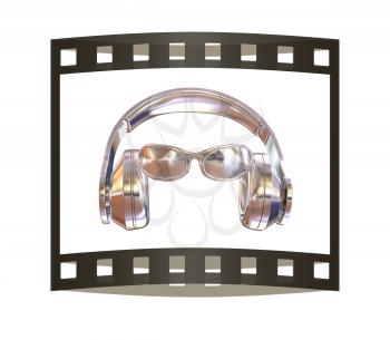 glasses and headphones. 3d illustration. The film strip.