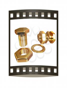 Gold Bolt with nut. 3d illustration. The film strip.