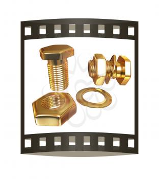 Gold Bolt with nut. 3d illustration. The film strip.