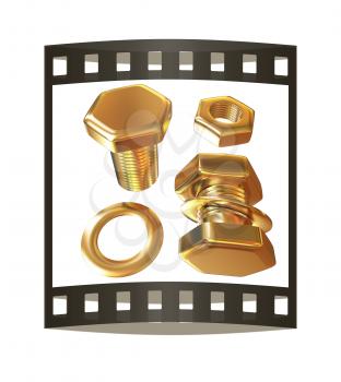 Gold Bolt with nut. 3d illustration. The film strip.