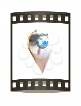 Realistic 3d pointer of map with Earth. Global concept. 3d illustration. The film strip.