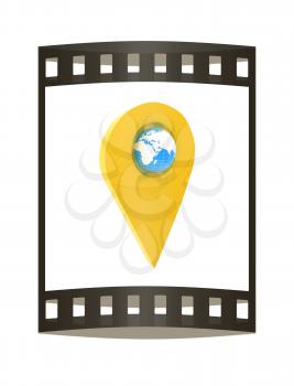 Realistic 3d pointer of map with Earth. Global concept. 3d illustration. The film strip.