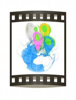 Planet Earth and map pins icon. Earth globe and colorful map labels. Modern graphic elements for web banners, websites, printed materials, infographics. 3d illustration.. The film strip.