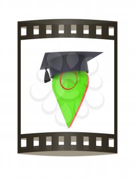 Geo pin with graduation hat on white. School sign, geolocation and navigation. 3d illustration. The film strip.