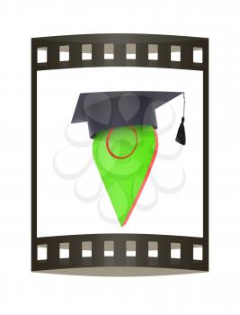 Geo pin with graduation hat on white. School sign, geolocation and navigation. 3d illustration. The film strip.