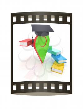 Pointer of education in graduation hat with books around. 3d illustration. The film strip.