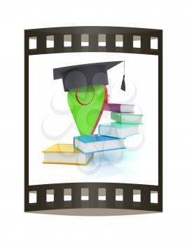 Pointer of education in graduation hat with books around. 3d illustration. The film strip.