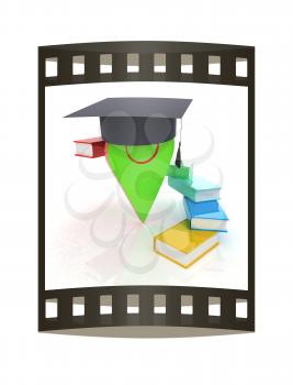 Pointer of education in graduation hat with books around. 3d illustration. The film strip.