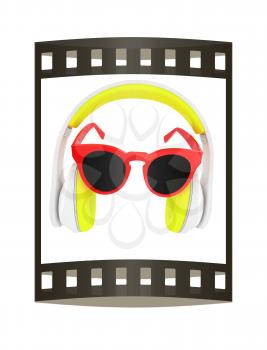 Sunglasses and headphone for your face. 3d illustration. The film strip.