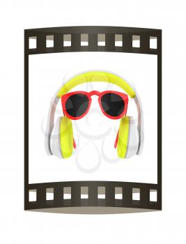 Sunglasses and headphone for your face. 3d illustration. The film strip.