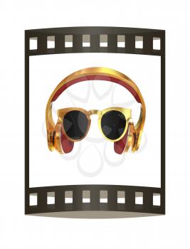 Sunglasses and headphone for your face. 3d illustration. The film strip.