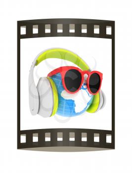 Earth planet with earphones and sunglasses. 3d illustration. The film strip.