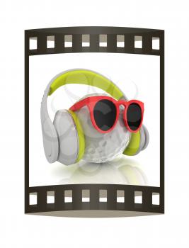 Golf Ball With Sunglasses and headphones. 3d illustration. The film strip.