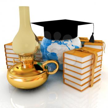 Leather books, Earth, kerosene lamp and graduation hat. 3d render