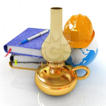 Notepads, penl, kerosene lamp and Earth in hard hat. 3d render