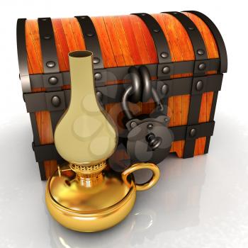 Retro kerosene lamp and old chest. 3d render