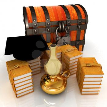 Graduation hat on chest and books around with kerosene lamp. 3d render