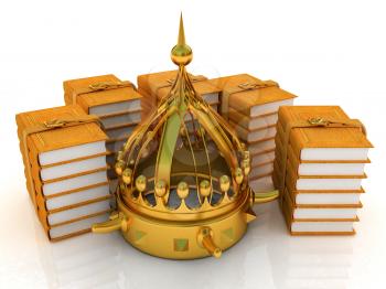 Gold crown and leather books. 3d render