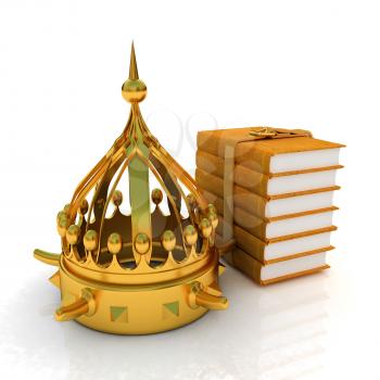 Gold crown and leather books. 3d render