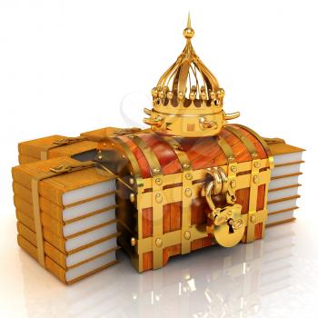 Gold crown on a chest and leather books around. 3d render