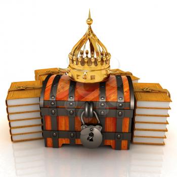 Gold crown on a chest and leather books around. 3d render