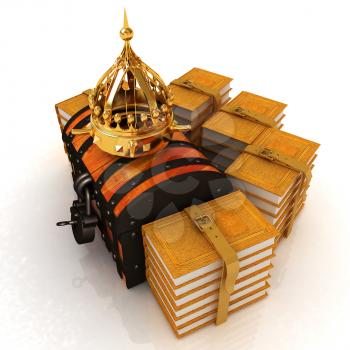 Gold crown on a chest and leather books around. 3d render