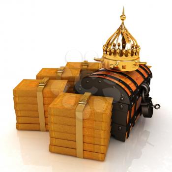 Gold crown on a chest and leather books around. 3d render