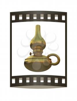 Old retro vintage golden kerosene lamp. 3d render. Film strip.